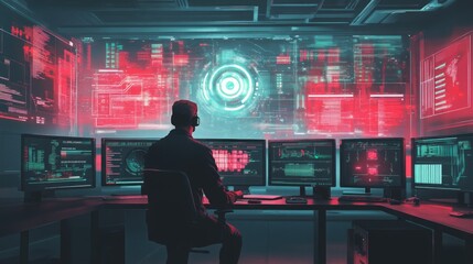 Leinwandbilder - An individual sits at a workstation before a wall of large screens displaying dynamic data streams in shades of red and teal.
