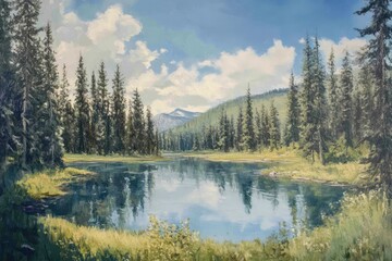 Wall Mural - Serene mountain lake reflecting sky, forest, idyllic summer scene