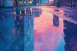 © MinixT - Reflections of city sidewalks on damp pavement following a downpour, serene nighttime atmosphere. Generative Ai