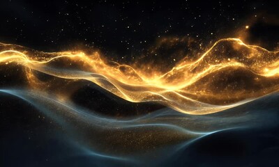 Wall Mural - A mesmerizing abstract depiction of glowing waves with sparkling elements against a dark backdrop.