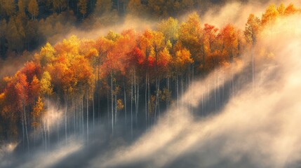 Wall Mural - Autumnal Enchantment: A Misty Forest in Golden Hues