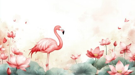 Wall Mural - A serene illustration featuring a graceful flamingo amidst vibrant pink lotus flowers, creating a tranquil and harmonious natural scene.