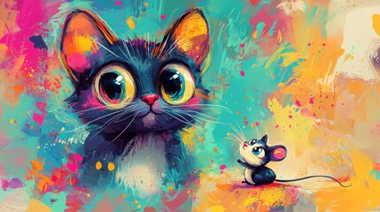  A Colorful Encounter: Playful Cat and Mouse in a Whimsical World
