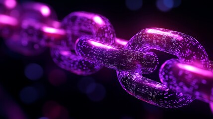 3D purple chain with binary code on a black background