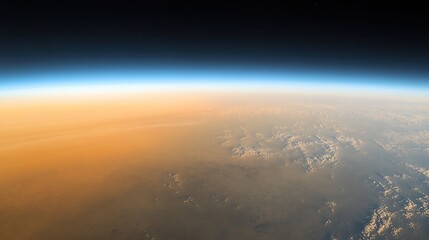 earth atmosphere view from space showing horizon with orange and blue layers and clouds