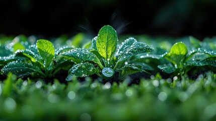 Wall Mural - Fresh green seedlings sprouting in a misty greenhouse, glistening with water droplets