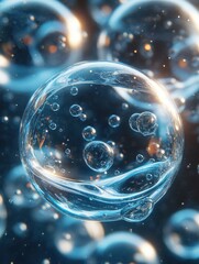 Canvas Print - abstract blue sphere with many small bubbles and light reflections on a dark background