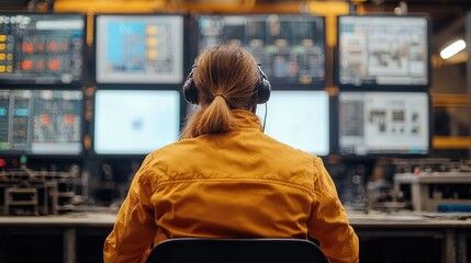 Poster - A factory supervisor overseeing operations, standing in front of a large control panel, with multiple screens displaying factory metrics and machines working in the background.
