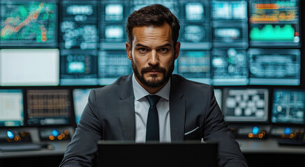 Poster - A factory supervisor overseeing operations, standing in front of a large control panel, with multiple screens displaying factory metrics and machines working in the background.