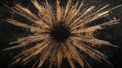 Wall Mural - Metallic golden beams radiating outward on a black backdrop, surrounded by golden dust, exuding luxury and sophistication.