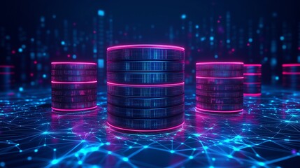 Low Poly Wireframe Database Structure with Stacked Cylinders and Glowing Lines on Dark Blue Background, Representing Data Storage and Information Flow in a Modern Digital Setup
