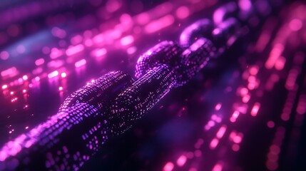 3D purple and black digital chain with binary code background