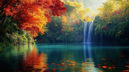 Wall Mural - Autumn Waterfall Serenity: A Picturesque Cascade Nestled in Vibrant Foliage