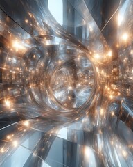 Wall Mural - Abstract swirling metallic tunnel with glowing lights.