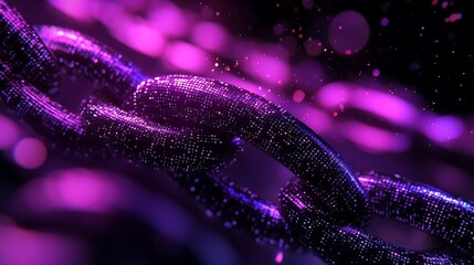 3D purple and black digital chain with binary code background