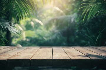 Wall Mural - Wooden table, tropical jungle backdrop, sunlight, product display