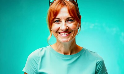 Canvas Print - cheerful ginger woman posing on a vibrant backdrop