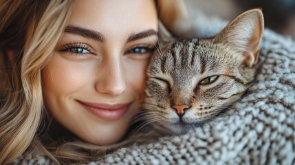 Wall Mural - Woman smiling warmly while cuddling a cat in a cozy, textured blanket setting indoors