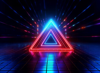 Vibrant red and blue neon triangles glow, nested within each other, creating a striking symmetrical pattern on a dark, reflective surface.  Light streaks radiate outwards, enhancing the futuristic amb