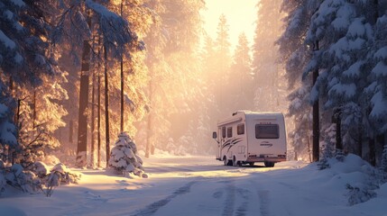 Poster - A recreational vehicle parked on a snowy path surrounded by tall trees, illuminated by the soft glow of the morning sun. The landscape is peaceful and untouched, showcasing winter's beauty.