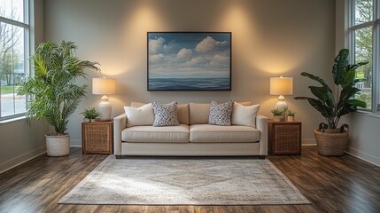 Poster - A comfortable living room features a beige sofa with decorative cushions, surrounded by potted plants and warm lighting from two lamps. The large artwork above the couch adds charm.
