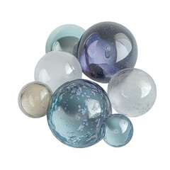 Aufkleber - The image showcases a group of seven uniquely textured glass spheres in a variety of light blue and grey tones, arranged on a simple white background.