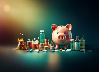 A piggy bank sits amidst stacks of coins and scattered pills, symbolizing the high cost of medicine and healthcare.  The scene suggests financial strain and the burden of medical expenses.