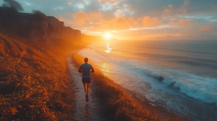 Poster - A jogger runs along a scenic coastal path, flanked by cliffs as the sun sets, casting warm hues across the sky and reflecting on the ocean waves.