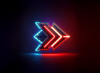 Wall Mural - a vibrant, double arrow symbol glows with red and blue neon light against a dark background. its sle