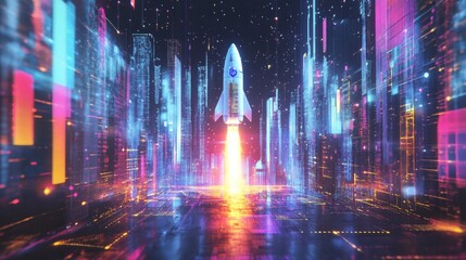 Fototapete - A rocket propels into the sky, leaving a bright trail as it ascends through a stunning digital city filled with colorful, glowing skyscrapers amidst a starry night.