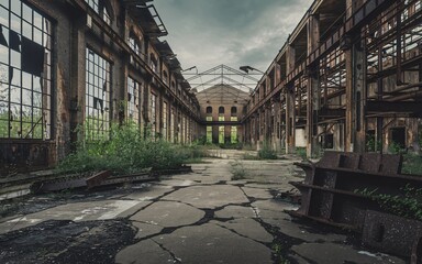  Iraq air pollution, Derelict factory interior with cracked floor, overgrown vegetation, and rusted metal.