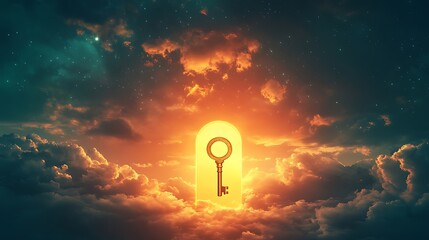 Wall Mural - Glowing horizon with a keyhole in the sky and a floating golden key symbolizing the opening of new worlds and possibilities
