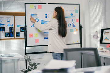 Wall Mural - Asian businesswoman pointing at graph on whiteboard, presenting her analysis of business data during a meeting in office