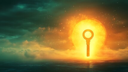 Wall Mural - A glowing horizon with a giant keyhole and a floating golden key representing the potential to unlock unseen opportunities