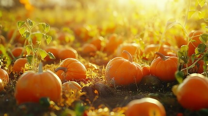 a pumpkin patch with ripe orange pumpkins and green vines during autumn