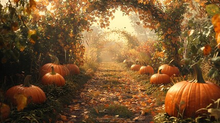 a pumpkin patch with ripe orange pumpkins and green vines during autumn
