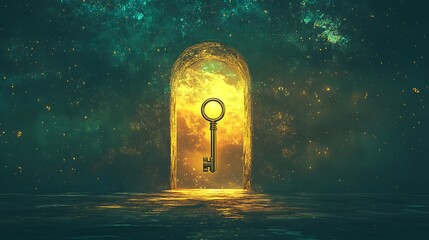 Wall Mural - Glowing horizon and a golden key floating near a gigantic keyhole symbolizing the discovery of new paths and opportunities