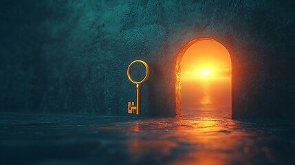Wall Mural - Glowing horizon and a golden key floating near a gigantic keyhole symbolizing the discovery of new paths and opportunities