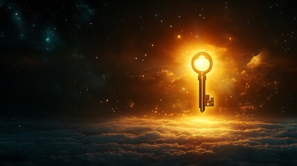 Wall Mural - Radiant horizon with a golden key floating near a keyhole symbolizing the discovery of new paths to unseen opportunities