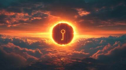 Wall Mural - A glowing horizon with a gigantic keyhole and a golden key floating nearby symbolizing the discovery of untapped opportunities