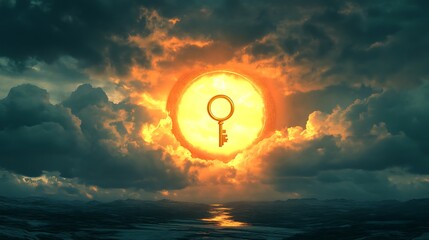 Wall Mural - Glowing horizon and a floating golden key near a giant keyhole representing the unveiling of new possibilities beyond sight