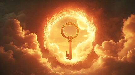 Wall Mural - Radiant golden key floating near a gigantic keyhole embedded in the glowing sky representing the unlocking of new opportunities