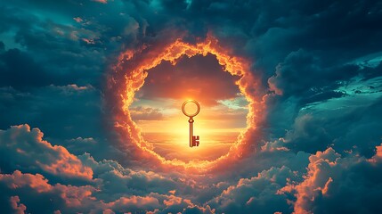 Wall Mural - A glowing sky with a floating golden key near a gigantic keyhole symbolizing new discoveries and paths beyond the visible world