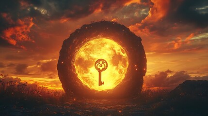 Wall Mural - A glowing sky with a floating golden key near a gigantic keyhole symbolizing new discoveries and paths beyond the visible world