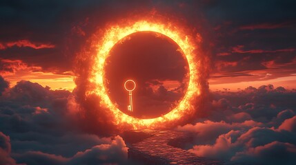 Wall Mural - A glowing sky with a floating golden key near a gigantic keyhole symbolizing new discoveries and paths beyond the visible world