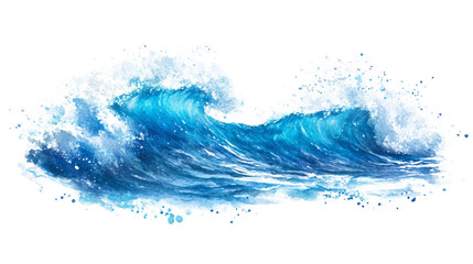 Wall Mural - A vibrant watercolor painting depicts a dynamic scene of ocean waves crashing with white foam and blue hues.