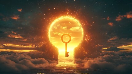 Wall Mural - Glowing horizon with a gigantic keyhole and a radiant golden key symbolizing the opening of new opportunities and worlds