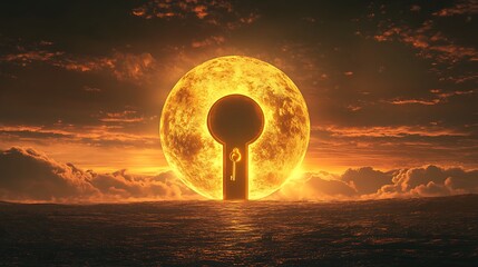 Wall Mural - Glowing horizon with a gigantic keyhole and a radiant golden key symbolizing the opening of new opportunities and worlds