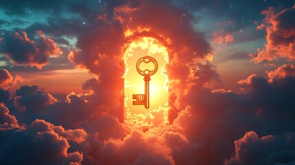 Wall Mural - Glowing keyhole embedded in the sky with a floating golden key symbolizing the discovery of new possibilities beyond sight