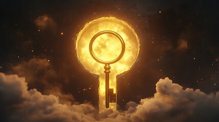 Wall Mural - A radiant golden key floating near a giant keyhole symbolizing the discovery of new opportunities beyond the visible world